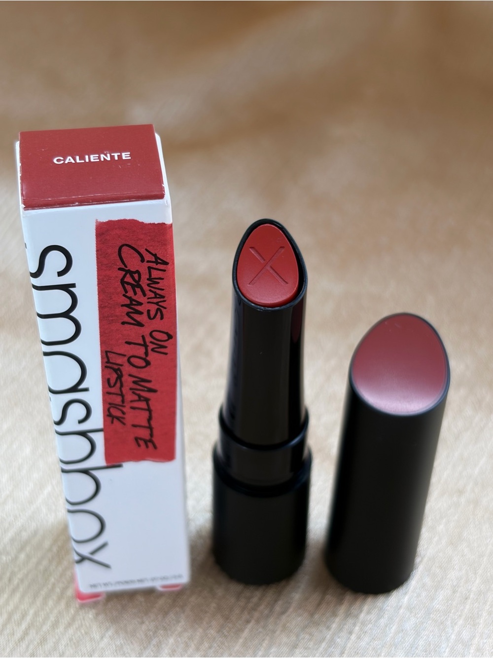 Smashbox Caliente Cream-to-Matte Lipstick — burnt orange/red